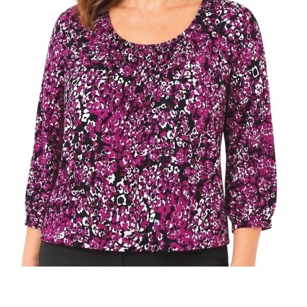 Worthington Large Petite Pink Black White Abstract Floral 3/4 Sleeve Stretch Top